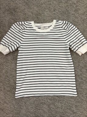 LOFT White and Dark Striped Puff Sleeve Tee